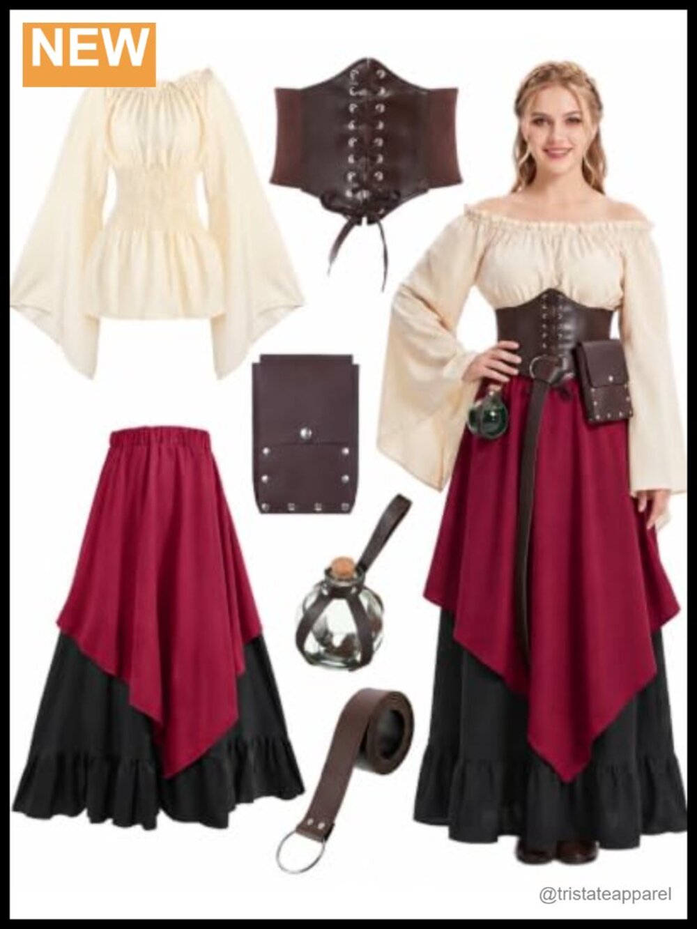 Renaissance Costume Dress Set Corset Belt Pouch Potion Bottle Medieval Cosplay